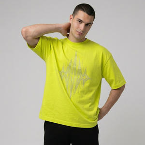 T-shirt à manches courtes pour homme, jaune fluo, col rond, motif géométrique en strass, coupe classique, jersey respirant en coton, vêtements décontractés - Product Image 1