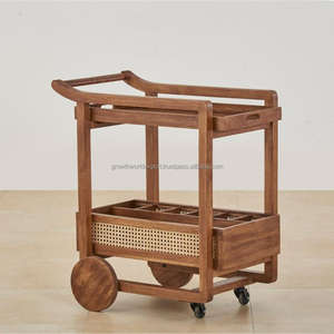 Chariot de bar à 2 niveaux en rotin et bois massif moderne avec roulettes, chariot de service roulant au design tendance - Product Image 2