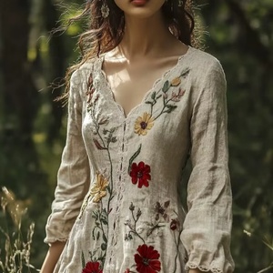 Vestido Maxi de Lino con Bordado Floral Vintage, Elegante, Cuello en V, Manga Larga, Estilo Boho Cottage Core, Corte en A, para Mujer - Product Image 1