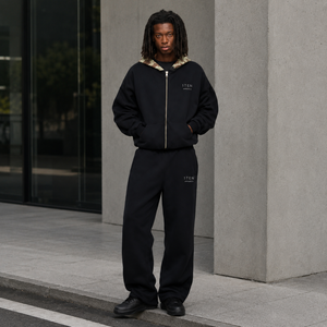 1TEN APPARELS <b>Black</b> Camo Hood <b>Zip</b> Tracksuit Set Oversized <b>Hoodie</b> Wide Leg Sweatpants Organic Cotton Lightweight for Unisex - Product Image 6