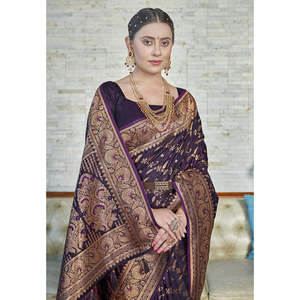 Elite Weaves Dark Magenta Banarasi Jaal Katan Silk Zari Woven Saree Traditional <b>Indian</b> Scarf & <b>Shawl</b> - Product Image 2