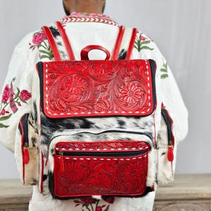 Red Genuine Leather <b>Backpack</b> Square Shape Zipper Closure Detachable Shoulder Strap Water Resistant All Seasons Daily Use - Product Image 1