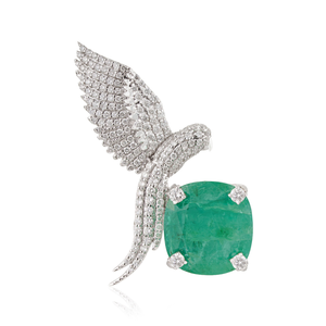 Broche de Pájaro Volador con Esmeralda Zambiana y Diamantes, de Alta Calidad y Lujo, Precio al por Mayor, para Bodas y Fiestas, Oro Blanco K14, Joyería Fina - Product Image 1