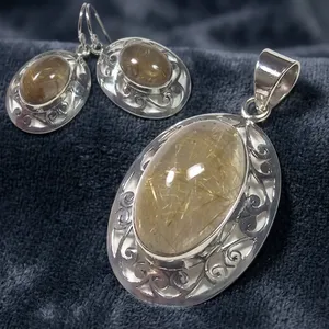 925 Sterling Silver Rutilated Quartz Pendant Earrings Set With Elegant Handmade Design Natural Golden Rutile Gemstone Jewelry - Product Image 4