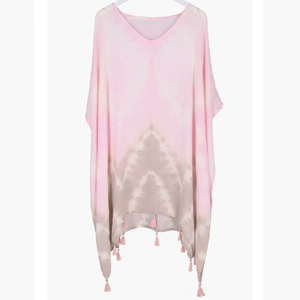 Vestido Kaftán Mini de Playa Bohemio Ecológico de Viscosa Tie-Dye, Cuello en V, Transpirable, Asimétrico - Product Image 1