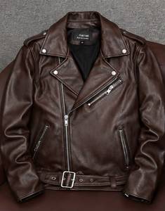 Veste moto en cuir véritable pour homme, col rabattu, fermeture éclair, coupe ajustée, couleur unie, manches classiques, automne - Product Image 3