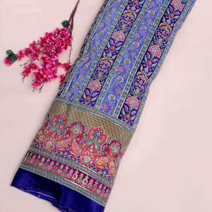 Royal Blue Floral Stripe Placement Print Fabric With Ornamental Border For Designer Kurti Dress Material Ethnic Wear Fabric - Product Image 1