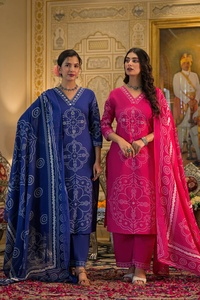 Ensemble Salwar en coton bleu imprimé Bandhani avec dupatta, tenue ethnique traditionnelle pour femmes, Inde, Pakistan, coupe décontractée, Diwali - Product Image 3