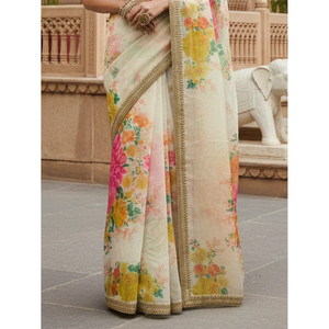Women's Floral Printed Organza Festival Saree <b>Set</b> with Blouse Embroidery Summer - Product Image 2