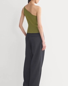 Women's Asymmetric 100% Cotton Knitted Rib Textured <b>One</b> Shoulder Tank <b>Top</b> Solid Deep Green Color Breathable Quick Dry - Product Image 3