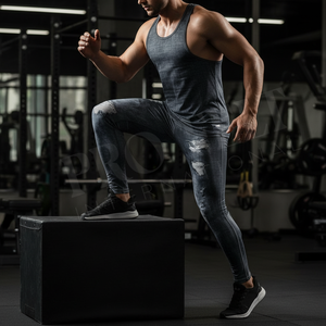 Men's Solid Plain Color Distressed Denim Print Compression Leggings High Waist Stretch Fitness Running Gym Tights Skinny Pants - Product Image 3
