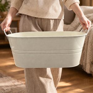 Oval <b>Galvanized</b> Steel Ice <b>Bucket</b> with Side Handles White Metal Open Top Serving Container - Product Image 4