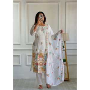 Conjunto de Traje y Dupatta Blanco Elegante para Mujer, Diseñador Valam, Talla L, para Ocasiones Especiales y Fiestas - Product Image 1