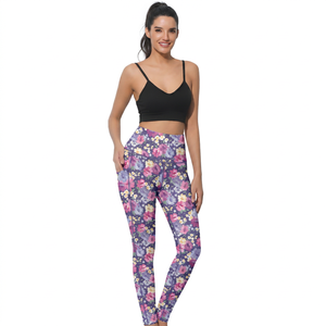 High Waist <b>Floral</b> Print Yoga <b>Leggings</b> With Pockets Full Length Spandex Polyester Four-Way Stretch Elastic Waist - Product Image 2