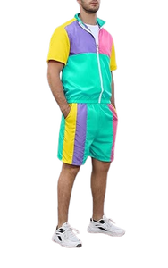 Conjunto Deportivo de Nylon con Logotipo Personalizado OEM para Hombre, Chaqueta Cortavientos y Pantalones Cortos, Ropa Urbana con Bloques de Color Reflectantes, Estilo Vintage - Product Image 3
