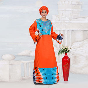 Robe longue maxi pour femme, style kaftan modeste en rayonne, avec encolure ornée de diamants, panneau tie-dye, manches longues, mode islamique du Moyen-Orient pour l'Aïd - Product Image 1