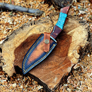 Couteau de chasse à lame fixe en acier Damas de qualité supérieure avec bord droit, manche en bois et résine - Utilisation en extérieur, cadeau USA, anniversaire - Product Image 4