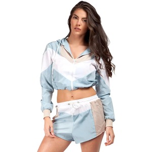 Ensemble de veste coupe-vent à capuche courte et short pour femmes, 2 pièces, couleur contrastée, léger, résistant à l'eau, vêtements de sport - Product Image 1