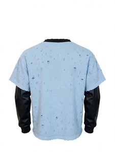 Custom High Quality Men Vintage Light Blue Distressed Rhinestone Cross Graphic Oversized Heavyweight Leather Sleeve Layered Top - Product Image 5