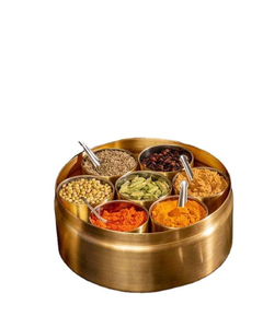 Best Selling Brass <b>Masala</b> <b>Box</b> with Hammered Design - Elegant 7Section Spice Organizer for Premium Indian Cooking & Kitchen Decor - Product Image 1