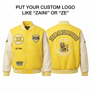 เสื้อแจ็คเก็ตวูลวาร์ซิตี้ ZAINI พรีเมียม 350 GSM กันลม สไตล์ไฮสตรีท สีเหลือง แขนหนัง พร้อมป้ายเชนีลแบบสั่งทำ - Product Image 1