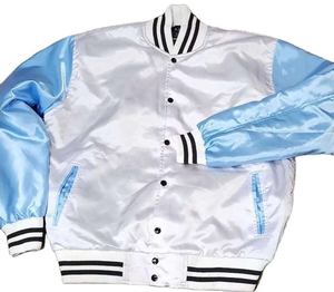 White Blue Varsity Jacket Men Preppy Style Satin Bomber Jacket Regular Fit Turn-down Collar Button Closure Autumn Wear - Product Image 3
