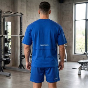 Ensemble short et t-shirt en maille pour homme, bleu roi, épaules tombantes, survêtement 2 pièces, tenue de sport respirante, coupe oversize unie - Product Image 2