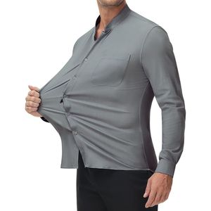 Camisa Casual Personalizada para Hombre con Cuello Mao, Manga Larga, Botones al Frente, Bolsillo en el Pecho y Estilo de Color Sólido - Product Image 4