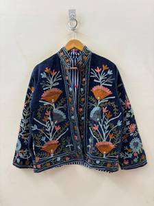 Custom Hand Embroidered Navy Velvet Suzani Jacket Women <b>Reversible</b> Floral Short <b>Coat</b> Wholesale Boho Ethnic Outerwear Suzani - Product Image 3