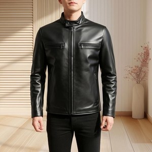 Veste en cuir véritable noire unie pour homme avec logo sur le devant, respirante et imperméable, qualité supérieure, service OEM - Product Image 3