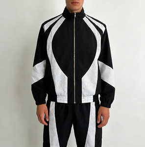 Veste de survêtement homme noire et blanche à blocs de couleur, col montant, fermeture éclair, sportive, respirante, en polyester tricoté, pour l'automne - Product Image 2