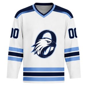 Conjunto de Camiseta y Pantalones Cortos de Hockey sobre Hielo Sublimados en Blanco y Azul para Hombre, Uniforme Deportivo con Cuello en V de Poliéster, Ropa de Equipo para Entrenamiento y Partidos - Product Image 4
