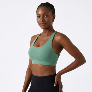 Soutien-gorge de sport pour femme, col rond, bretelles croisées, maintien moyen, yoga, fitness, respirant, séchage rapide, vert uni - Product Image 5
