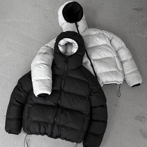 Men's Hooded Puffer Jacket Solid Color <b>Down</b> Filled Windproof Winter Coat Regular Fit Casual Style Black and White - Product Image 1