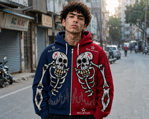 Custom Blue Red <b>Skeleton</b> <b>Hoodie</b> Men's Gothic Rhinestone Embroidered <b>Zip</b> <b>Up</b> Hooded Sweatshirt Streetwear Fashion - Product Image 5