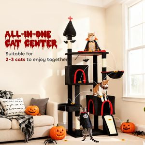 Albero per gatti gotico da 78 pollici con 2 ampie casette, letto a forma di bara, pali di sisal e palline a forma di pipistrello per Halloween - Product Image 4