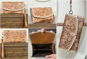 Portefeuille en cuir de vachette fait main, nouvelle collection, motif floral, avec dragonne, protection RFID, idéal pour un usage quotidien – Vente Flash - Product Image 3