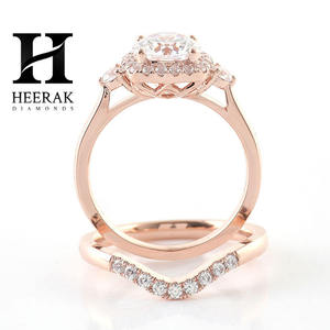 Classic Round Cut Diamond Engagement <b>Ring</b> Two Piece <b>Set</b> Cushion Halo Solitaire With Curved Pave Band For Women - Product Image 3