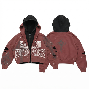 Women <b>Zipper</b> <b>Hoodie</b> Premium 400 GSM Cotton Fleece Heavyweight Maroon <b>Black</b> Contrast Hood Distressed Custom Embroidery Print Logo - Product Image 1