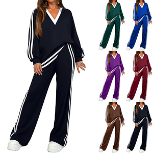Conjunto de Top de Manga Larga con Cuello en V y Pantalones Cortos de Punto en Bloques de Color Sólido, Traje Casual Cálido de Otoño para Mujer - Product Image 5