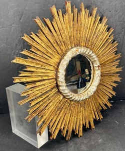 Round Wooden Sunburst <b>Mirror</b> With <b>Gold</b> Finish Handmade Mid Century Modern Wall Decor - Product Image 1