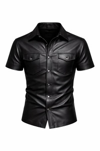 Men’s Black Leather Shirt – <b>Slim</b> <b>Fit</b> Short Sleeve Button Up – Real Leather Cargo Style Outfit – Street wear Fashion Shirt for Me - Product Image 1