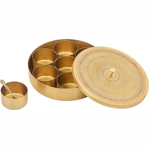Handcrafted Brass Masala <b>Box</b> <b>Indian</b> <b>Spice</b> Container Set With Lid Spoon Multi Compartment Kitchen <b>Spice</b> Organizer Container - Product Image 1
