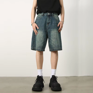 Pantalones cortos de mezclilla para hombre, estilo urbano casual, tipo skater, con lavado desgastado y efecto descolorido, de pierna ancha, holgados, de diseñador - Product Image 2