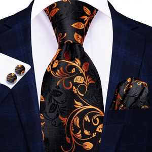 Corbata de seda floral negra y dorada con gemelos y pañuelo de bolsillo a juego, corbata clásica para hombre para ocasiones de negocios y fiestas. - Product Image 4