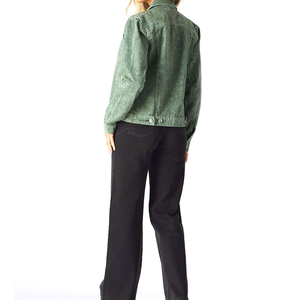 Women Green <b>Denim</b> <b>Jacket</b> Casual Button Front Long Sleeve Regular Fit Stonewashed Solid Color Autumn Outerwear - Product Image 3