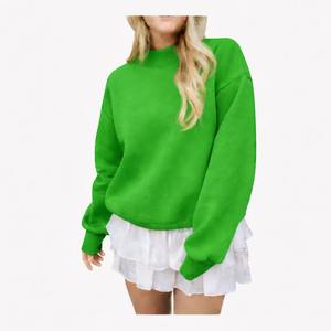 Premium Women Long Oversized Sweatshirt Mock Neck Breathable Flexible Cotton <b>Blend</b> Fabric Warm Comfortable Relaxed Winter Front - Product Image 1
