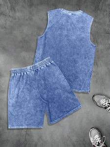 Ensemble 2 pièces homme : Débardeur sans manches et short à taille élastiquée avec cordon de serrage, imprimé graphique et lettres, effet délavé personnalisé - Product Image 4