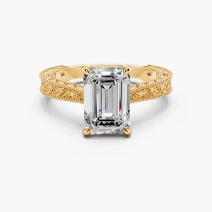 Anillo de compromiso y boda solitario vintage de oro amarillo de 14K con diamante cultivado en laboratorio de corte esmeralda de 2.00 CT, banda grabada con milgrain y 4 puntas - Product Image 5
