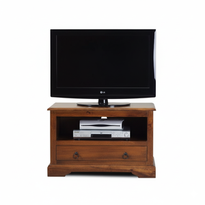 Mueble para TV Pequeño de Madera Maciza Rústica con Cajón – Consola Multimedia de Madera Oscura Vintage para Espacios Pequeños, Unidad de Entretenimiento Compacta - Product Image 3